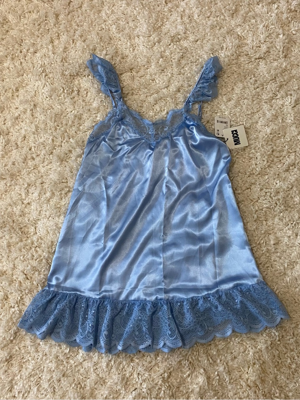 Free People x Mucci Satin Lace Slip Dress - Capri Blue